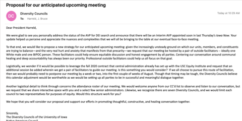 Screenshot of email from Diversity Councils to President Harreld. Full text of email is included in caption.